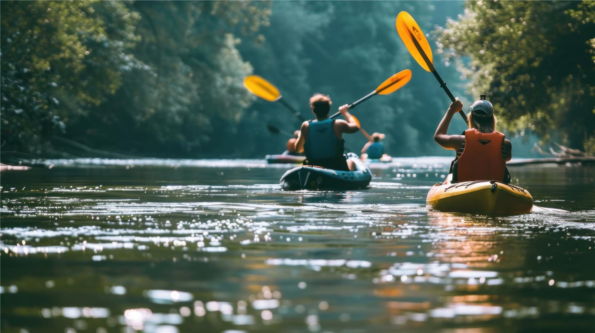 Gruppe von Menschen beim Kanufahren auf einem Fluss umgeben von grüner Natur und Sonnenlicht.