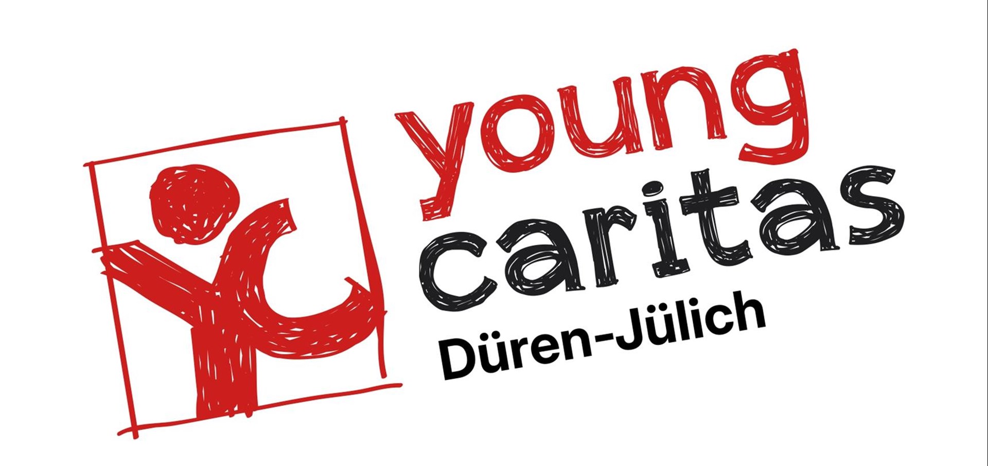 Logo mit stilisierter Figur in einem roten Quadrat und dem Schriftzug 'young caritas Düren-Jülich' in roter und schwarzer Schrift