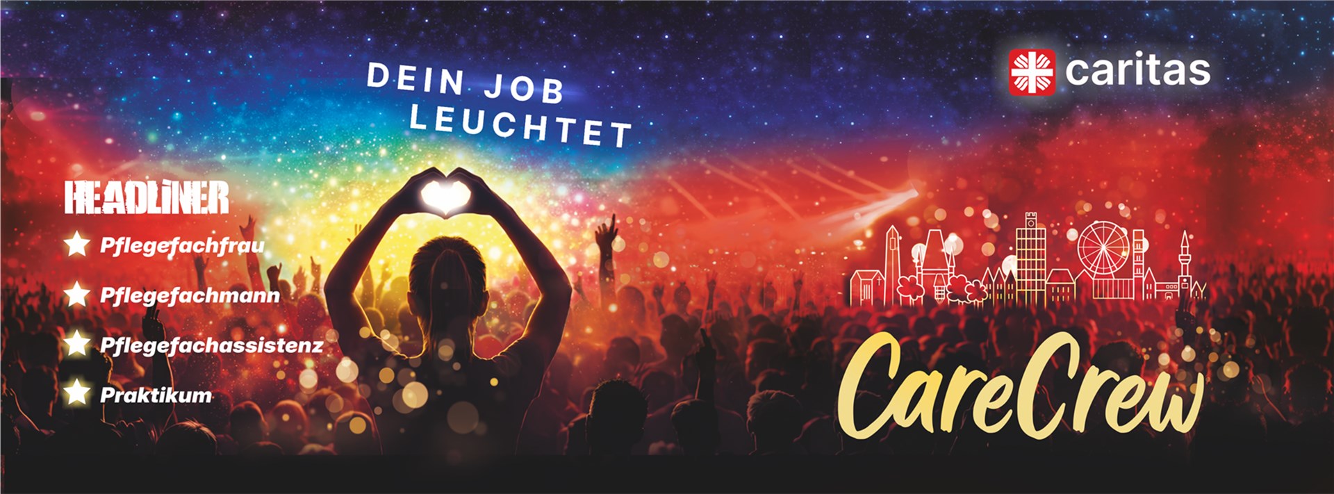 Die Grafik ist bunt und enthält blau, rot, gelb und schwarz. Sie stellt schemenhaft ein Festival da. Zusehen ist eine Bühne, viele Lichter und eine Person, die mit ihren Händen ein Herz formt sowie die Schriftzüge CareCrew, Dein Job leuchtet, Caritas und Headliner mit Pflegefachfrau, -mann, -assistenz und Praktikum